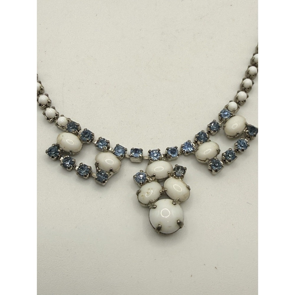 Vintage Rhinestone Necklace White Milk Glass Blue Rhinestone Collar Choker 14.5"